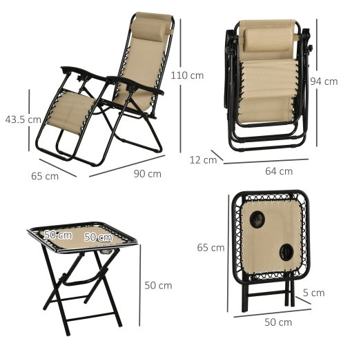 Outsunny Folding Zero Gravity Chairs, 3 Pieces Adjustable Sun Lounger and Table Set with Cup Holder and Headrest, Patio Bistro Set with Reclining Garden Chairs for Outdoor, Beige