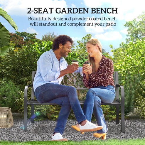 Outsunny Garden Bench, 2 Seater Metal Outdoor Bench Seat, Patio Loveseat with Armrests, Floral Backrest and Slatted Seat, 240 KG Capacity for Park, Porch, Black