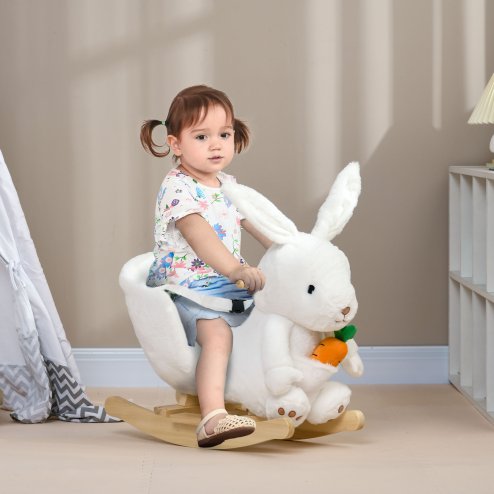HOMCOM Kids Rocking Horse, Plush Rabbit-Shaped Baby Rocking Animal w/ Carrot Toy, Safety Harness, Realistic Sounds, Foot Pedals, for Toddlers Aged 18-36 Months - White