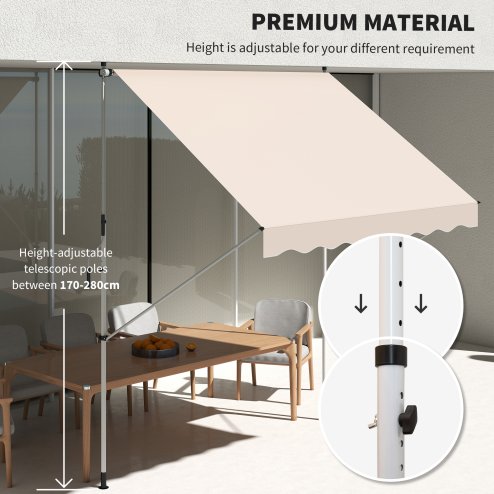 Outsunny Balcony 3 x 1.5m Manual Adjustable Awning, DIY Patio Clamp Awning Canopy, Retractable Shade Shelter Easy to Move for Balcony, Beige