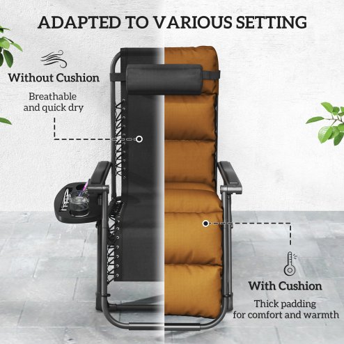 Outsunny Zero Gravity Chairs Set of 2, Folding Reclining Garden Chair, Outdoor Sun Lounger with Cushion, Garden Recliner Chairs with Headrest and Cup Phone Holder Tray for Beach, Brown