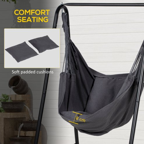 Outsunny Patio Hammock Chair with Stand, Outdoor Hammock Swing Hanging Rope Chair with Cushion, Armrest, Hooks, Dark Grey