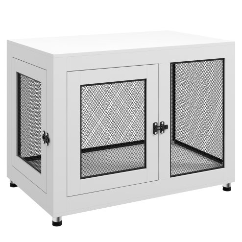 PawHut Dog Crate Furniture End Table w/ Soft Washable Cushion, Two Doors, Indoor Pet Kennel for Small Medium Large Dogs w/ Wire Mesh, White