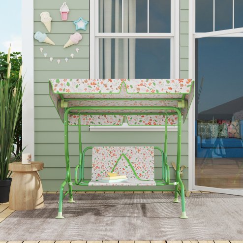 AIYAPLAY Kids Garden Swing Seat, Outdoor Swing Chair with Adjustable Canopy, Safety Belt, 2 Seater Hammock Swing Bench for Patio, Porch, Garden, Green