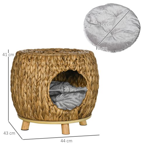 PawHut Wicker Cat House Stool for Rest, Rattan Kitten Bed for Indoor and Outdoor Use, Elevated Pet Bed with Soft Washable Cushion 44 x 43 x 41 cm