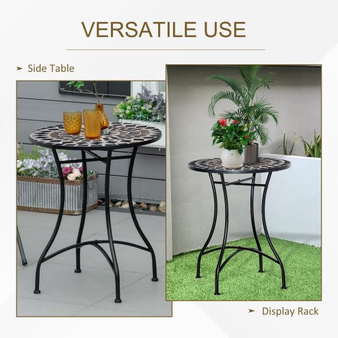 Outsunny 60 cm Mosaic Garden Table, Small Round Outdoor Side Table with Ceramic Top, Plant Stand for Patio, Balcony, Black