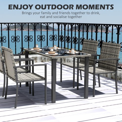 Outsunny 4 Seater Rattan Dining Set with Rectangular Glass Top Table and 4 Armchairs, PE Rattan Garden Furniture Set, Outdoor Dining Table and Chairs for Patio, Balcony, Lawn, Mixed Grey