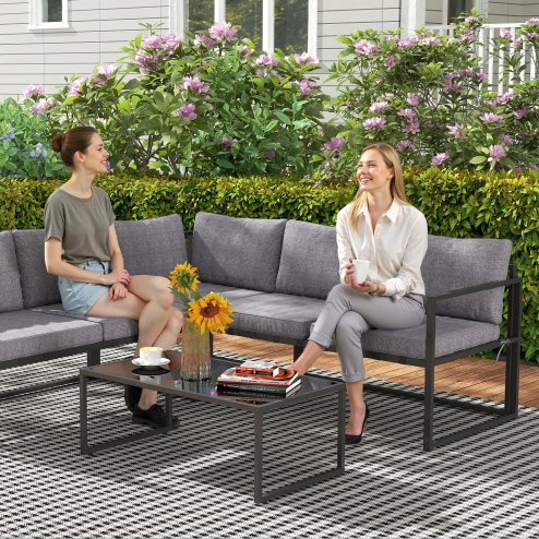 Outsunny 3 Piece L Shaped Garden Furniture Set with Cushions, Garden Corner Sofa Set with 3-Seater Sofa, Loveseat and Tempered Glass Top Table for Outdoor, Grey