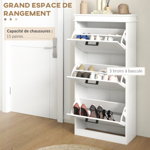 HOMCOM 3 Drawers Entryway Shoe Cabinet, Narrow Shoe Storage Cabinet with 3 Flip Drawers and Adjustable Shelves for 15 Pairs of Shoes, White