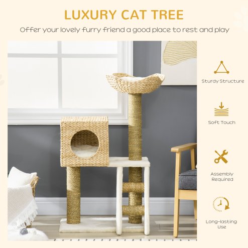 PawHut Flower Cat Tree for Indoor Cats Kitten Tower Cattail Weave with Scratching Posts, Cat House, Bed, Ladder, Washable Cushions, 57 x 37 x 100.5 cm - Natural Finish