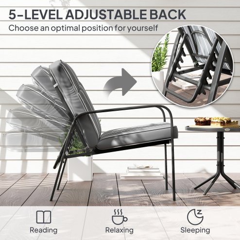 Outsunny 3-Piece Patio Bistro Set, 5-Position Adjustable Recliner Garden Chairs and Tempered Glass Table, Garden Furniture Set with Cushions, High Back, Armrests, Metal Frame for Balcony Patio, Grey