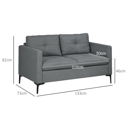 HOMCOM 2 Seater Sofa for Living Room, 133cm Loveseat Sofa, Modern Fabric Couch with Steel Legs for Bedroom, Dark Grey