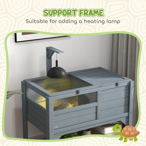 PawHut Tortoise House w/ Shelf, Small Pet Reptile Wooden House w/ Hide Shelter Den and Run, Lamp Holder, Tray, for Indoors, Outdoors - Grey
