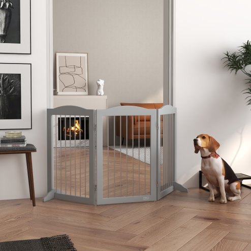 PawHut Foldable Dog Gate, Freestanding Pet Gate, Dog Barrier with Two Support Feet, for Doorways, Stairs, Halls - Grey