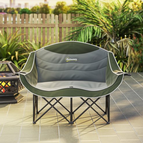 Outsunny Double Camping Chair for Adults, Oversized Heavy Duty Padded Folding Chair with Armrests, Cup Holders and Carry Bag for Outdoor Camping Hiking Picnic Fishing, 250kg Capacity, Green