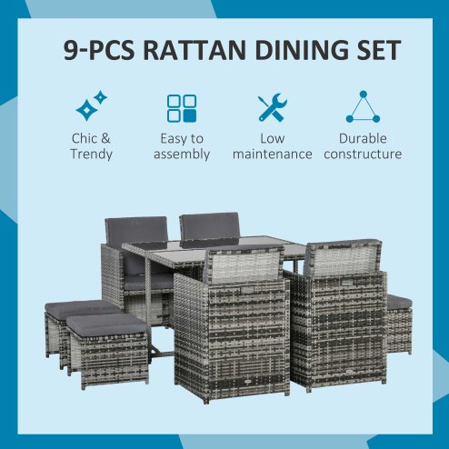 Outsunny 8 Seater Rattan Cube Garden Furniture Set, Rattan Dining Set with Cushions, Outdoor Dining Table and Chairs with 4 Armchairs, 4 Stools, Square Glass Top Table, Mixed Grey