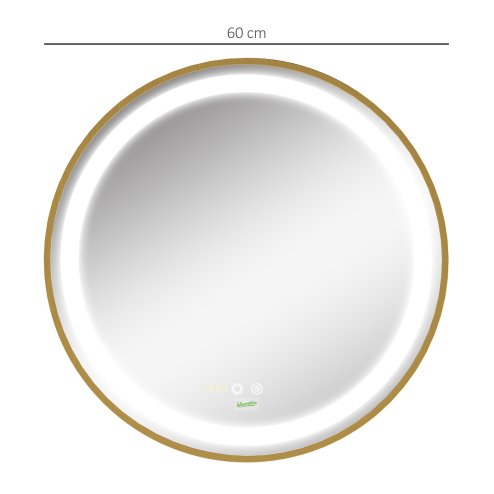 kleankin Round Bathroom LED Mirror, Dimmable Lighted Wall-Mounted Mirror with 3 Temperature Colours, Time Display, Memory Function, Hardwired, Gold
