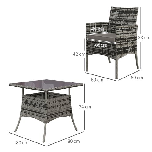 Outsunny 4 Seater Rattan Dining Set with Cushions, 5 Pieces Garden Dining Set with Glass Tabletop, PE Rattan Garden Furniture Set with Dining Table and Armchairs for Patio, Balcony, Mixed Grey