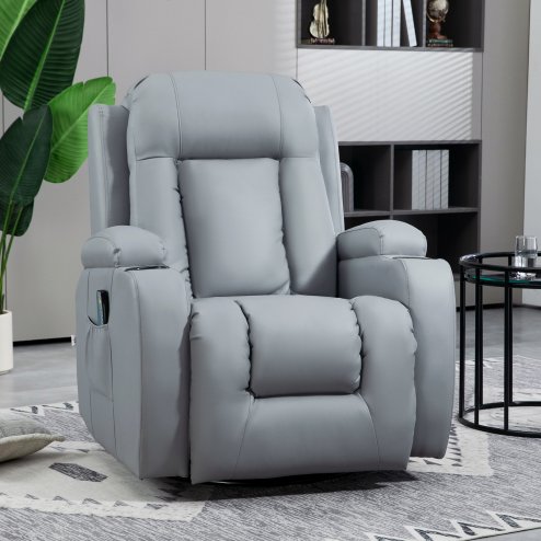 HOMCOM Massage Recliner Chair with 8 Vibration & Heat, PU Leather Recliner Armchair with Cup Holders and Side Pockets, Manual Reclining Chair with Remote, 360° Swivel, Rocking, Light Grey