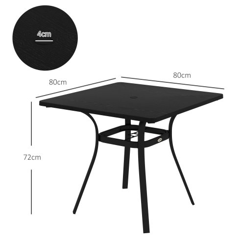 Outsunny Garden Dining Table, Outdoor Square Coffee Table with Wood Grain Effect Steel Tabletop, Parasol Hole and Foot Pads for Balcony, Porch, Black
