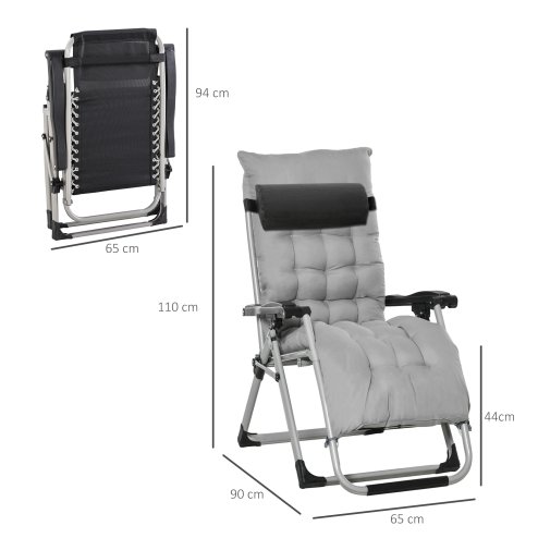 Outsunny 2 Piece Reclining Zero Gravity Chair Metal Frame Folding Garden Sun Lounger with Cushion Headrest, Light Grey