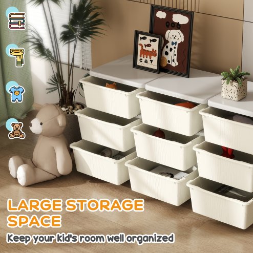 HOMCOM Kids Storage Units with 9 Drawers 3 Tier Chest Vertical Dresser Tower Toy Organiser for Nursery Playroom Kindergarten Cream