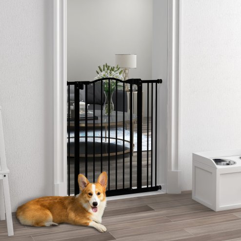 PawHut Pressure Fit Dog Stair Gate No Drilling Safety Gate Auto Close for Doorways, Hallways, 74-87cm Adjustable, 94cm Tall, Black