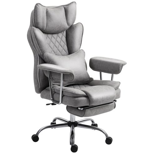 HOMCOM Executive Office Chair, Leathaire Reclining Computer Desk Chair with Lumbar Support Pillow, Built-in Headrest, High Back, Footrest, Silent Swivel Wheels, Armrest for Home, Grey