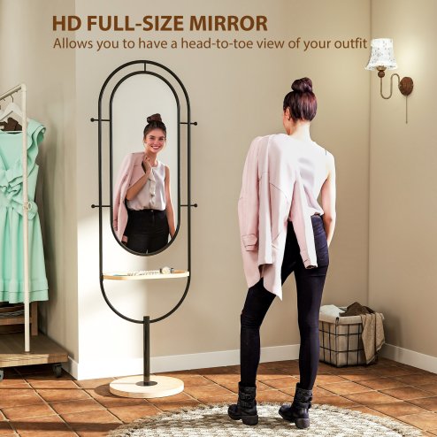 HOMCOM Full Length Mirror, Oval Free Standing Mirror with Wooden Tray, 4 Hooks and Metal Frame for Living Room, Bedroom, Cloakroom, Black