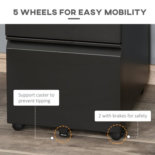 Vinsetto 3-Drawer Filing Cabinet with Lock, Mobile Steel File Cabinet for A4, Legal and Letter Size, Under Desk Drawers with Pre-Assembled Body for Home Office, 39 x 48 x 60 cm, Black