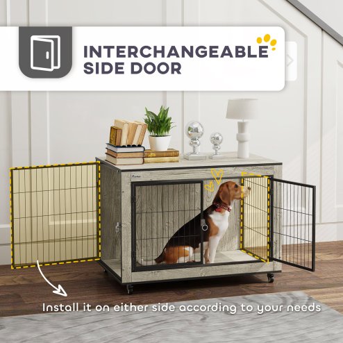 PawHut Dog Crate Furniture on Wheels, Dog Cage End Side Table with Lockable Double Doors, for Medium Breeds, 80 x 56 x 62.5cm, Grey