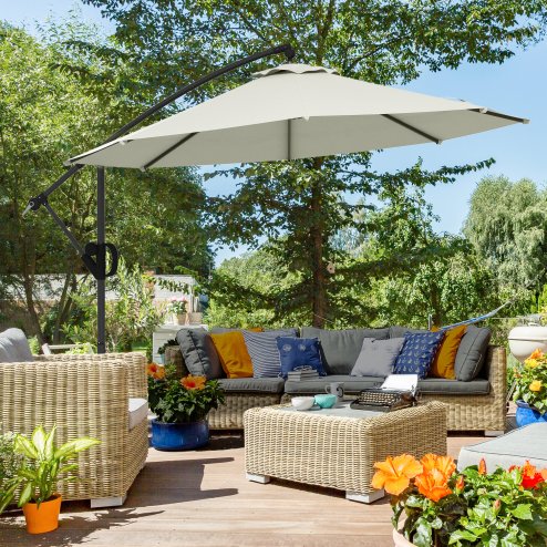 Outsunny 3(m) Cantilever Parasol with Cross Base, Banana Parasol with Crank Handle, Tilt and 8 Ribs, Round Hanging Patio Umbrella for Outdoor Pool, Garden, Balcony, Cream