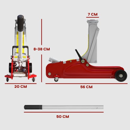 HOMCOM Hydraulic Low Profile Jack, Heavy Duty Steel Racing Car Jack Kit, Floor Jack with 2.5 Ton Capacity, 8-38cm Lifting Range, Red
