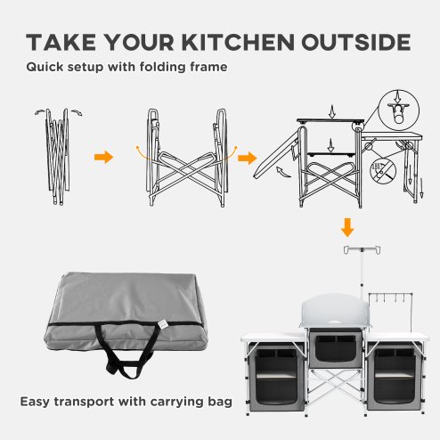 Outsunny Folding Camping Kitchen, Portable Aluminium Camping Table with 3 Fabric Cupboards, Windshield, Light Stand, Carrying Bag for BBQ, RV, Picnic, Grey