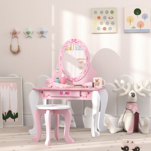 AIYAPLAY Kids Dressing Table Set, Two-Piece Kids Vanity Table with Stool, Mirror, Drawer, Desktop Storage, Ballet Theme, Girls Makeup Desk, Chair, Pink