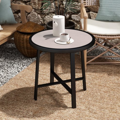 Outsunny Round Small Garden Table, 50.5cm Outdoor Side Table with SPC Tabletop, Metal Frame and Anti-slip Foot Pads for Garden, Balcony, Grey Wood Effect