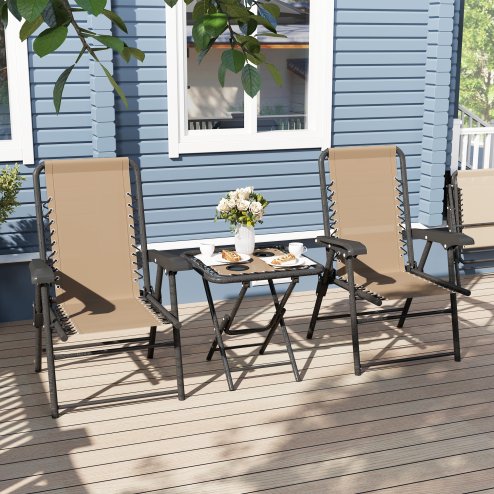 Outsunny 3 Pieces Garden Bistro Set, Folding Table and Chairs Set, Metal Garden Furniture Set with Cup Holders for Outdoor, Patio, Balcony, Khaki