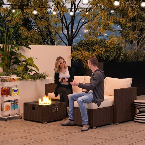 Outsunny 5 Piece Rattan Garden Furniture Set with Gas Fire Pit Table, 4 Seater Outdoor Sectional Sofa Set with Footstool and Removable Cushions, Modular Combination, Brown and Cream White