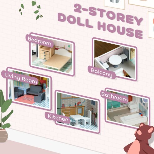 AIYAPLAY Dolls House with 13 Furniture Pieces and Accessories, 2 Levels Play Set with Balcony, Pretend Play Game, for Ages 3-6 Years