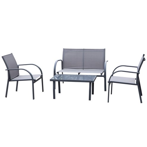 Outsunny 4 Pcs Curved Steel Outdoor Furniture Set w/ Loveseat, 2 Texteline Seats, Glass Top Table Garden Balcony Patio Furniture For Family Party Events Guests -Grey