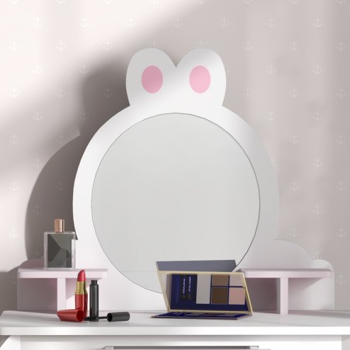 ZONEKIZ Kids Dressing Table with Mirror and Stool , Kids Vanity Table Girls Dressing Table with Drawer, Storage Shelf, Rabbit Design, for Ages 3-6 Years - White and Pink