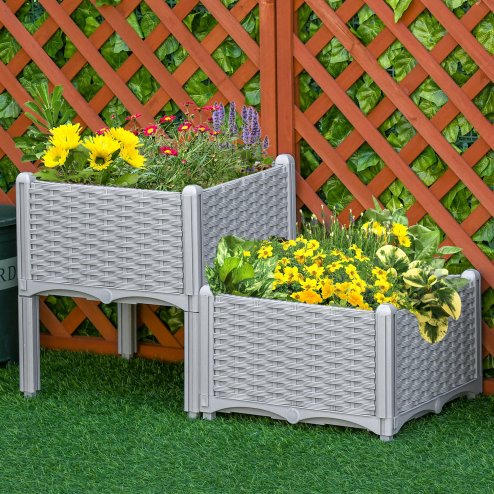 Outsunny Set of 2 26L Garden Raised Bed Elevated Patio Flower Plant Planter Box PP Vegetables Planting Container, Grey