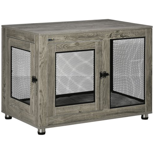 PawHut Dog Crate Furniture End Table w/ Soft Washable Cushion, Two Doors, Indoor Pet Kennel for Small Medium Large Dogs w/ Wire Mesh, Grey