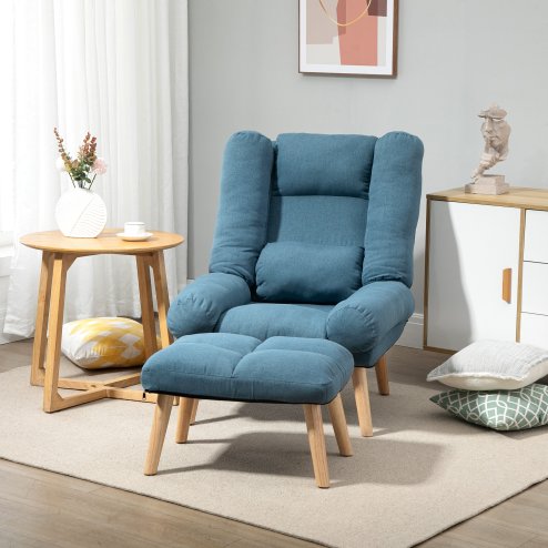 HOMCOM Armchair with Footstool, 180° Recliner with Ottoman, Accent Chair and Footstool with 3-Position Adjustable Backrest and Wooden Legs for Living Room, Blue