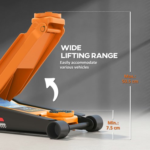 HOMCOM 3 Ton Hydraulic Low Profile Floor Jack, Heavy Duty Car Trolley Jack Lift with 7.5-50.5 cm Lifting Range, Dual Piston Pump, Wheels, Non-slip Handle for Car Van Garage Tyre Repair Change, Orange