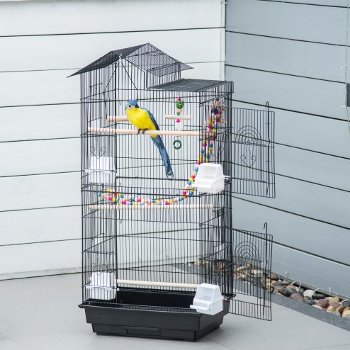 PawHut Bird Cage for Budgies, Finches, Canaries w/ Accessories, Toys, Tray, Handle, 46 x 36 x 100cm - Black