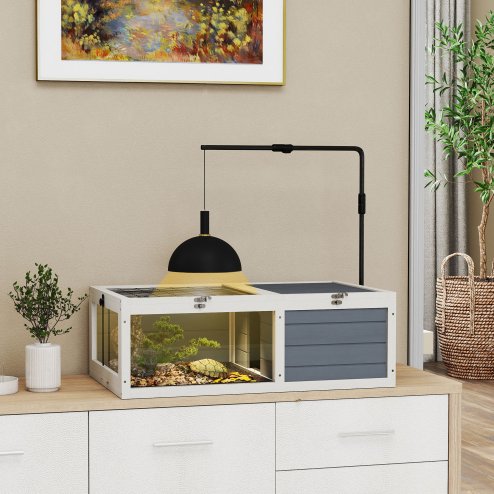 PawHut Tortoise House, Wooden Tortoise Table, Tortoise Enclosure with Adjustable Lamp Holder, Openable Lids, Pull-Out Trays - Grey