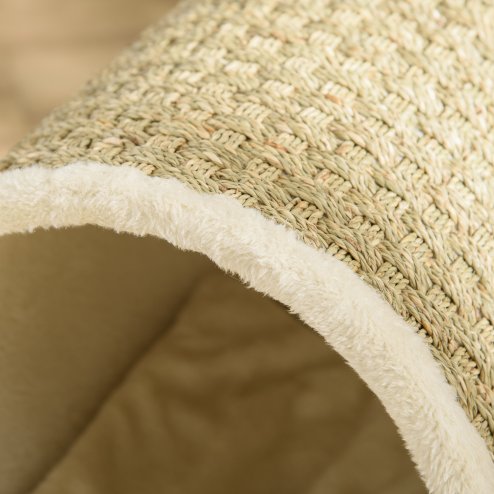 PawHut Raised Cat House Kitten Bed Pet Shelter Wrapped with Scratcher Soft Cushion, 41 x 38 x 43 cm, Beige