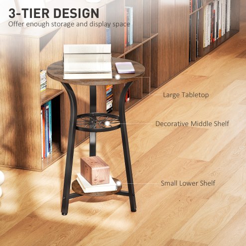 HOMCOM Small Round Side Table for Narrow Space, 3-Tier End Table with Storage Shelves, Industrial Nightstand for Living Room, Bedroom, Rustic Brown