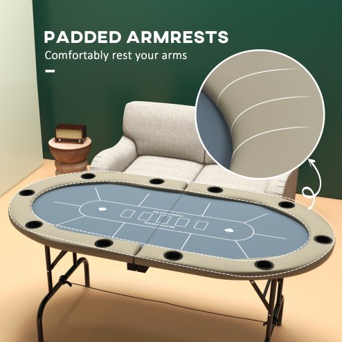 SPORTNOW 10 Player Folding Poker Table, Oval Portable Blackjack Casino Table with Cup Holders, Cushioning Edge, Brown and Blue